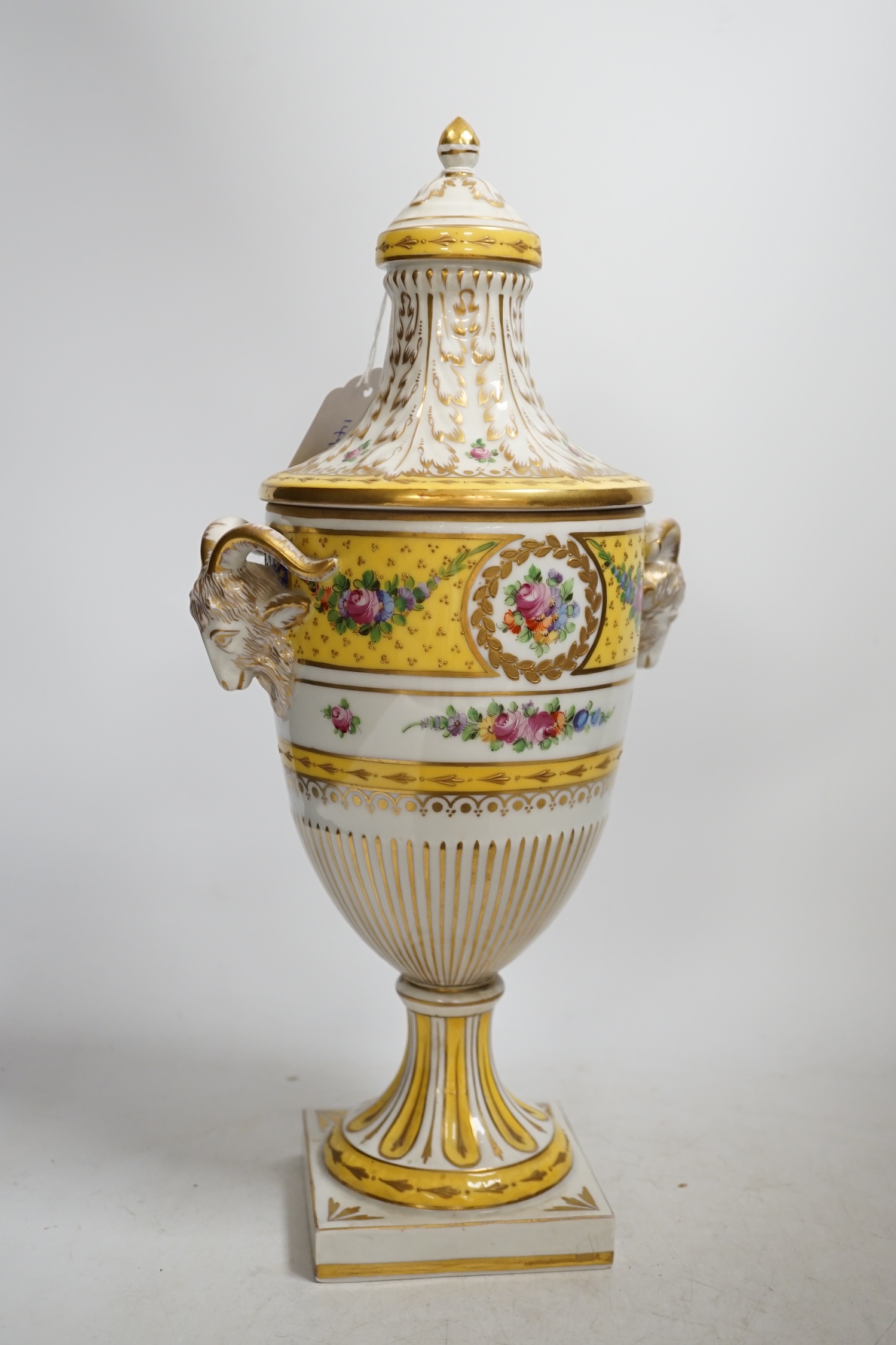 A 20th century Sevres style porcelain urn and cover, 38cm. Condition - fair to good